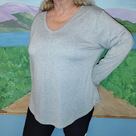 Jennifer Lauren Plus Size 3X Long Sleeve Light Gray V-Neck Shirt - Picture 1 of 3